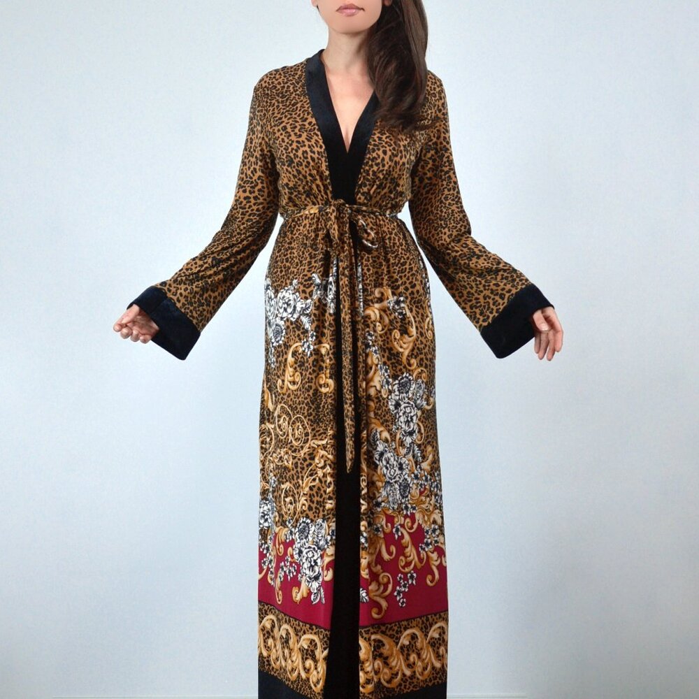 Long Leopard & Floral Print Robe, Slinky Long Sleeve Tie Waist Summer Robe, sz S